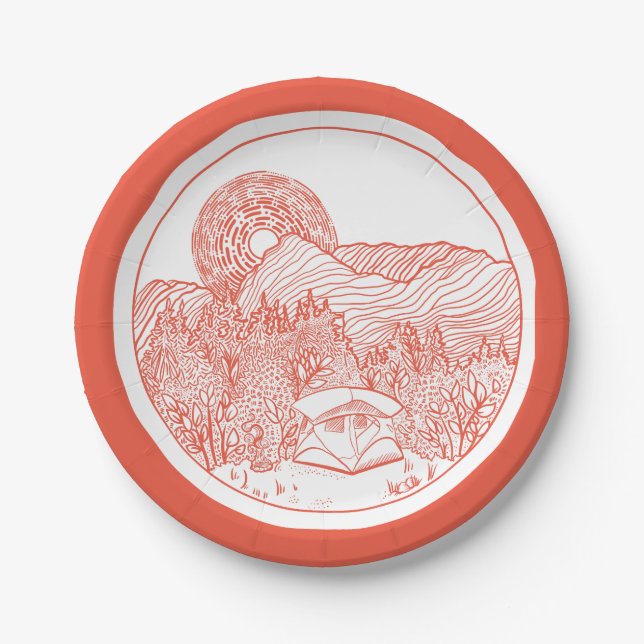 Tent Camping Mountain Scene Paper Plate (Front)