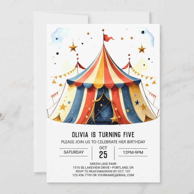 Tent Custom Watercolor Circus Birthday Invitation (Front)