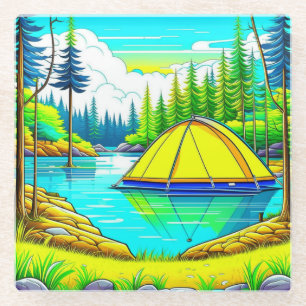 Tent Floating on the Lake Camping Themed Glass Coaster