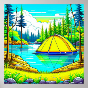 Tent Floating on the Lake Camping Themed Poster