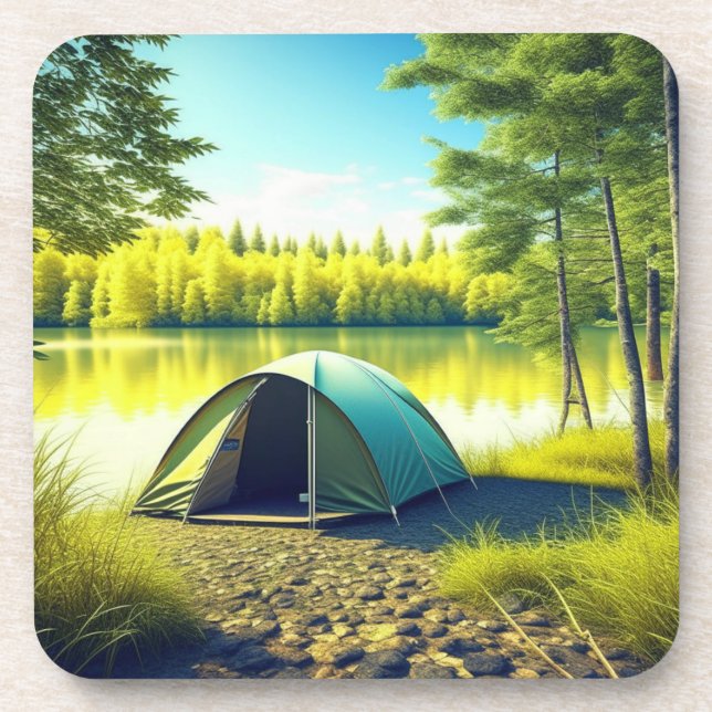 Tent in a Beautiful Forest by a Lake Coaster (Front)