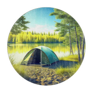 Tent in a Beautiful Forest by a Lake Cutting Board