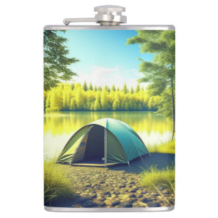 Tent in a Beautiful Forest by a Lake Hip Flask
