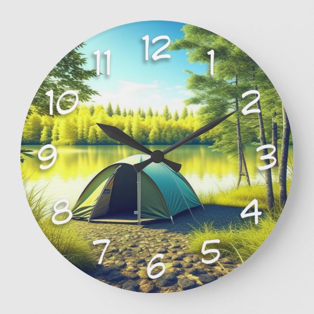 Tent in a Beautiful Forest by a Lake Large Clock (Front)