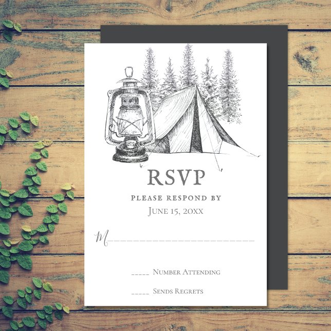 Tent, Lantern and Woodland Sketch Camping Wedding  RSVP Card (Tent, Lantern and Woodland Sketch Camping Wedding RSVP Card)