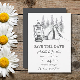 Tent, Lantern and Woodland Sketch Camping Wedding Save The Date