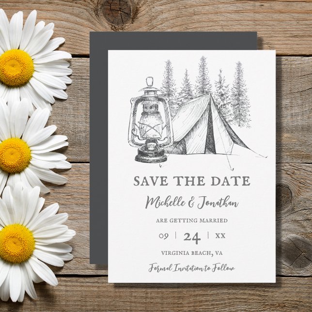 Tent, Lantern and Woodland Sketch Camping Wedding Save The Date (Creator Uploaded)