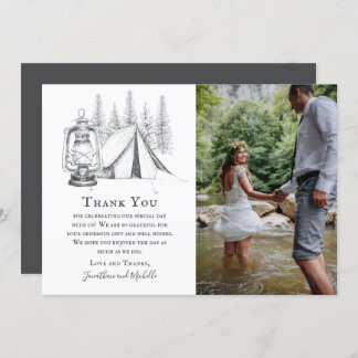 Tent, Lantern and Woodland Sketch Camping Wedding Thank You Card