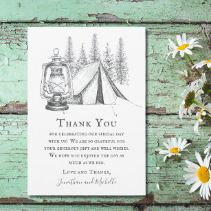 Tent, Lantern and Woodland Sketch Camping Wedding Thank You Card