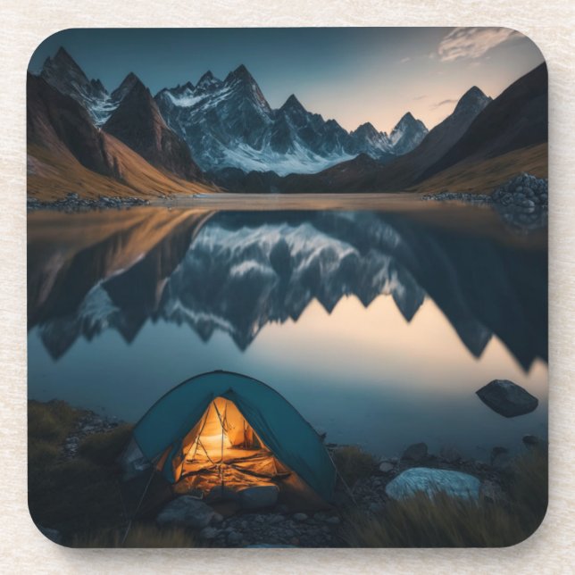 Tent, Mountains and Lake Camping Themed Art Coaster (Front)