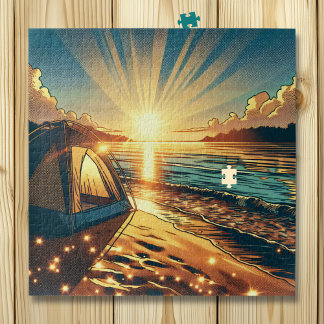 Tent on a Beach Camping Themed Birthday Jigsaw Puzzle
