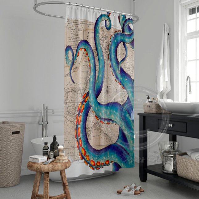 Tentacles dark blue Map Vintage Shower Curtain (Creator Uploaded)