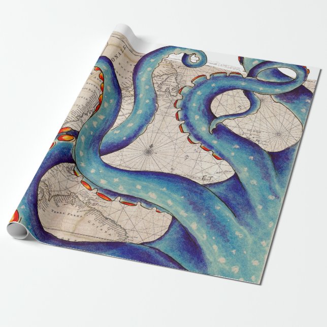 Tentacles dark blue Map Vintage Wrapping Paper (Unrolled)