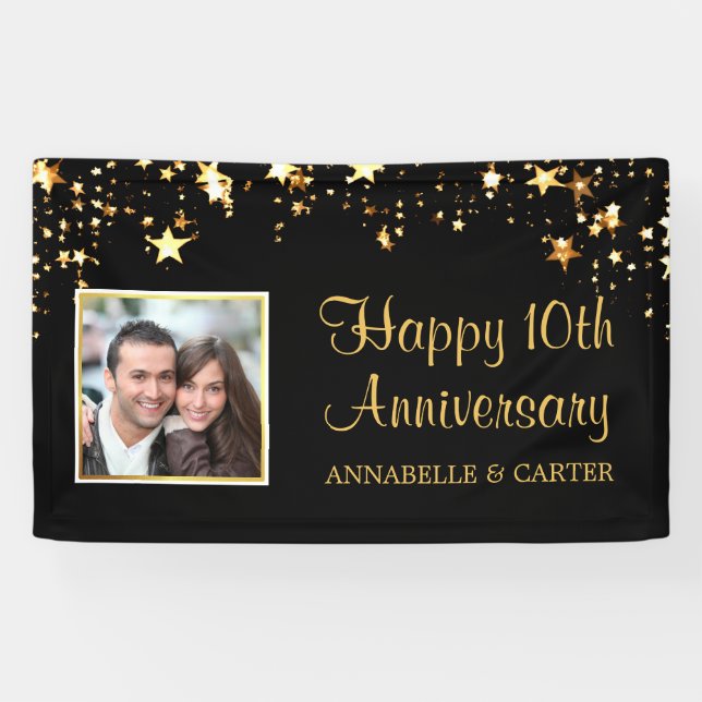 Tenth Anniversary Modern Black Gold Stars Photo Banner (Horizontal)