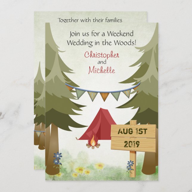 Tents and Campfire Woodland Camping Wedding Invitation (Front/Back)
