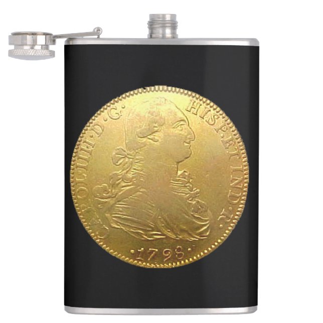Tequila Spanish Gold Doubloon on Black Flask (Opened)