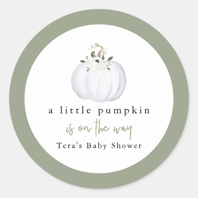 TERA Fall Greenery White Pumpkin Baby Shower Classic Round Sticker (Front)