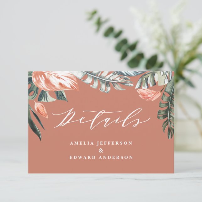 teracotta tropical leaf foliage wedding detail RSVP card (Standing Front)