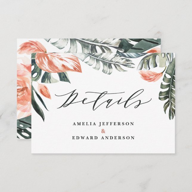 teracotta tropical leaf foliage wedding detail RSVP card (Front/Back)
