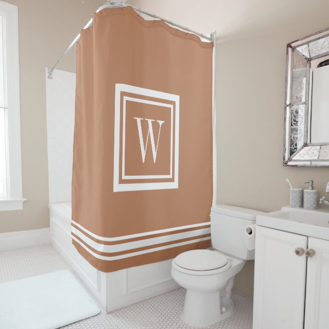 Terra Cotta and White Classic Square Monogram Shower Curtain (In Situ)