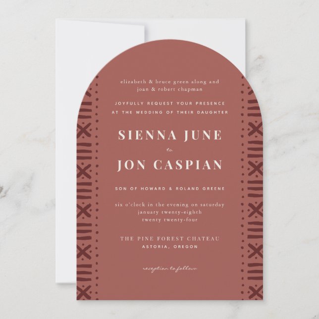 Terra Cotta Boho Mudcloth Border Wedding Invitation (Front)