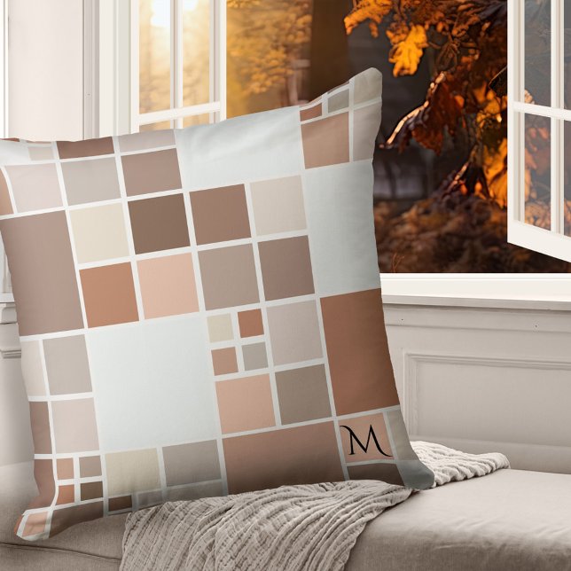 Terra Cotta Coffee Chic Mosaic Pattern Pillow (Modern pillow featuring a pastel mosaic pattern in warm terra cotta, tan, coffee and chocolate)