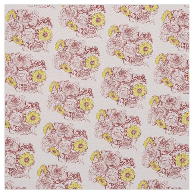 Terra  Cotta Edged Daisy Rose Bouquet Fabric (Swatch)