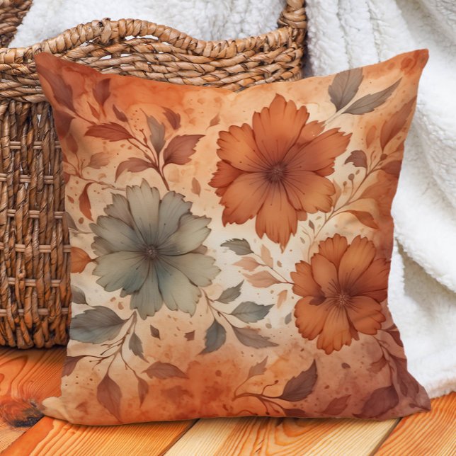 Terra Cotta Grey Floral Warm Earth Tones  Cushion (Burnt orange floral decorator pillow)