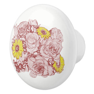 Terra Cotta Outlined Roses and Yellow Daisies Ceramic Knob