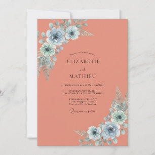 Terra Cotta Powder Blue Leafy Wedding Invitation