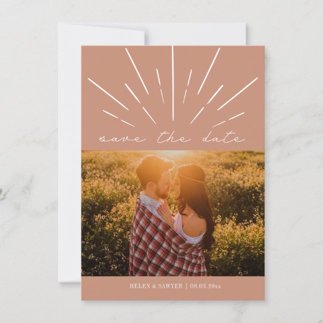 Terra Cotta Script Line Art Wedding Photo Save The Date (Front)