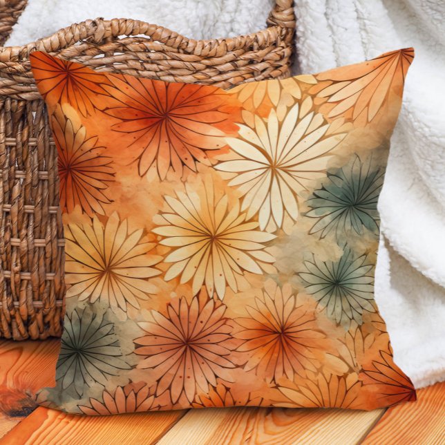 Terra Cotta Teal Cream Flowers Warm Earth Tones  Cushion (Burnt orange and teal floral decorator pillow)