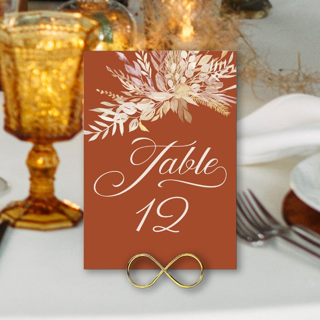 Terraccotta Cream Botanical Foliage Table Number (Wedding Table Number in terracotta and cream with elegant calligraphy and foliage)