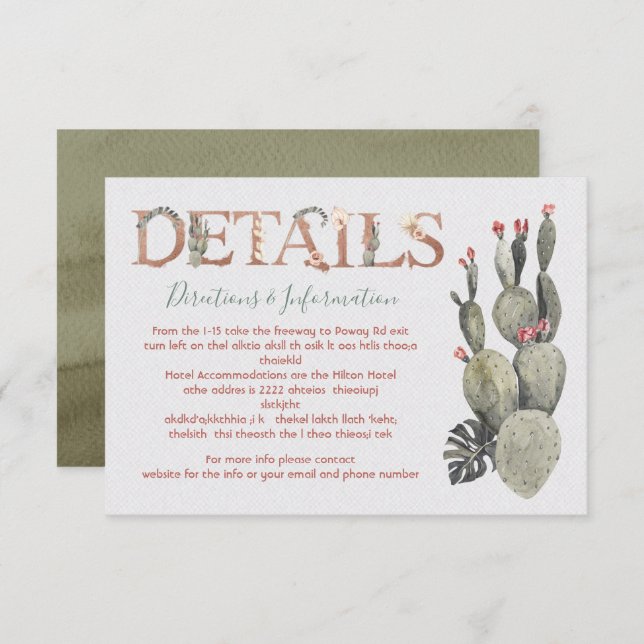 Terracota and Cactus Wedding Details and info card (Front/Back)