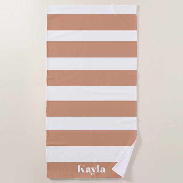 Terracota Pink Stripe With Name Bachelorette Beach Towel (Front)