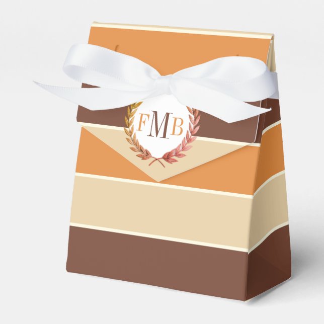 Terracottα brown beige stripes, initials wedding favour box (Front Side)