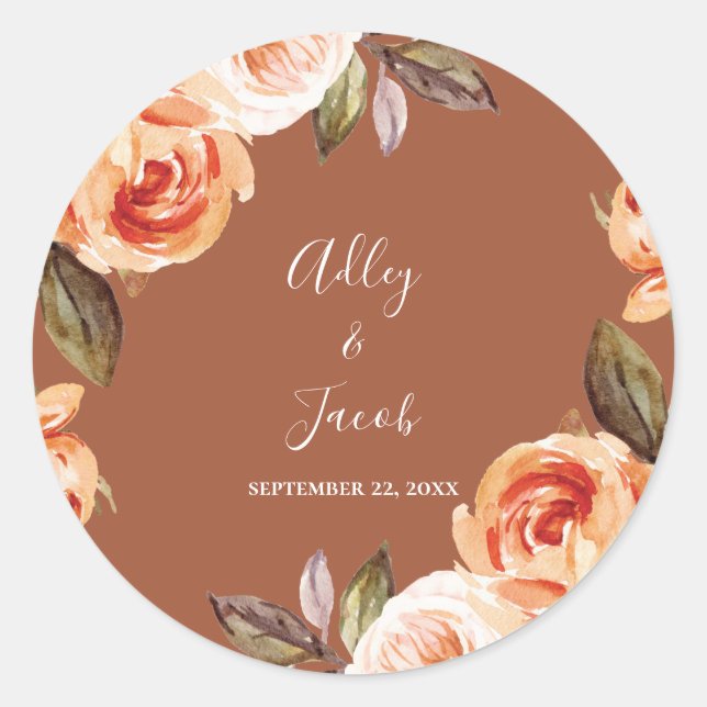 Terracott Fall Boho Floral Wedding Favour Classic Round Sticker (Front)