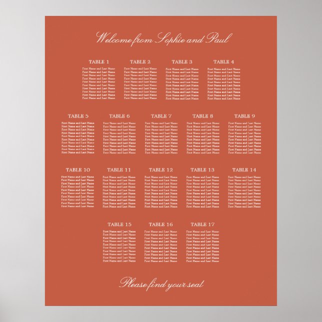 Terracotta 17 Table Wedding Seating Chart Poster (Front)