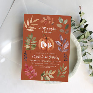 Terracotta 1st Birthday Watercolor Pumpkin, Leaves Invitation