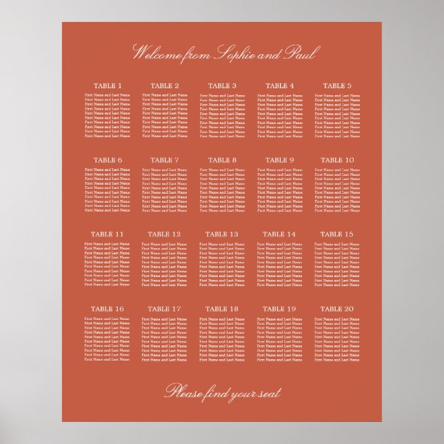 Terracotta 20 Table Wedding Seating Chart Poster (Front)
