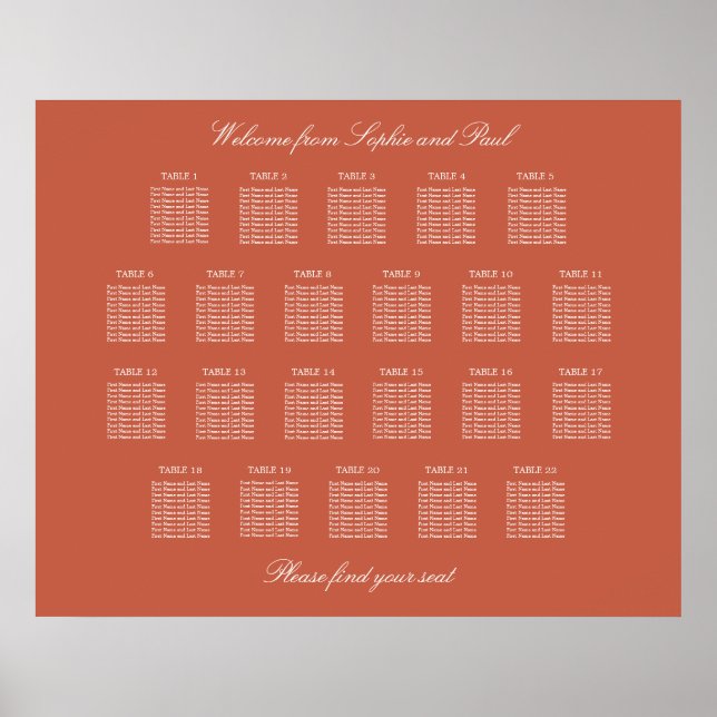 Terracotta 22 Table Wedding Seating Chart Poster (Front)