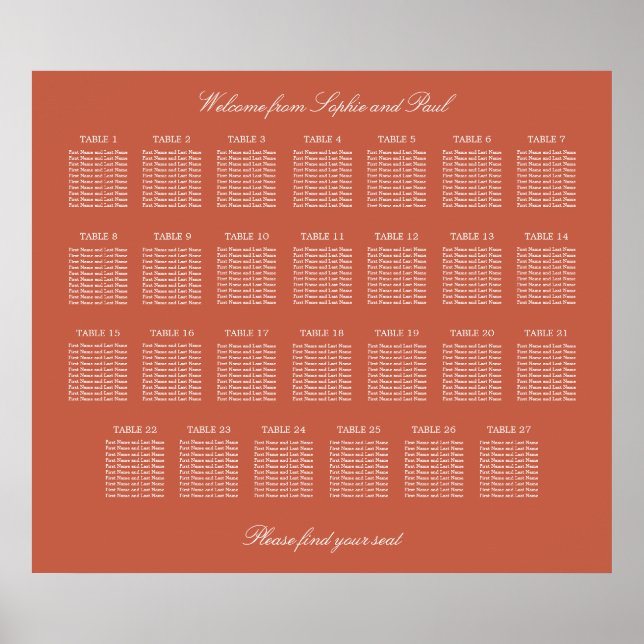 Terracotta 27 Table Wedding Seating Chart Poster (Front)