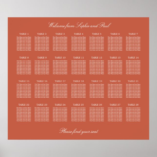 Terracotta 28 Table Wedding Seating Chart Poster (Front)