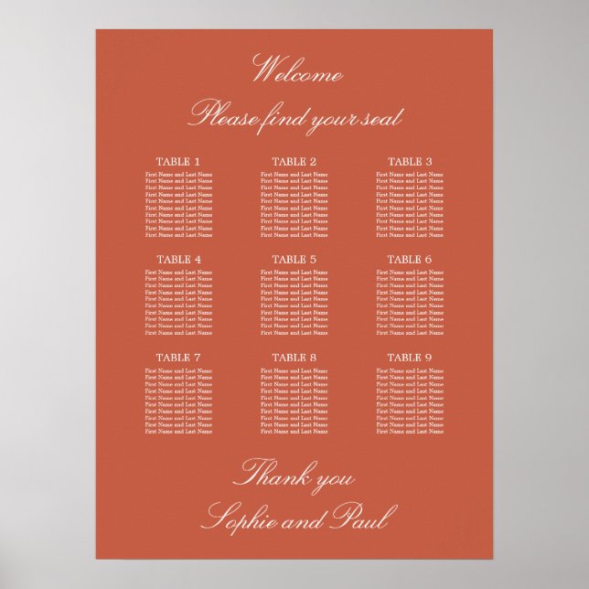 Terracotta 9 Table Wedding Seating Chart Poster (Front)