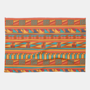 Terracotta Abstract Aztec Tribal Print Pattern Tea Towel