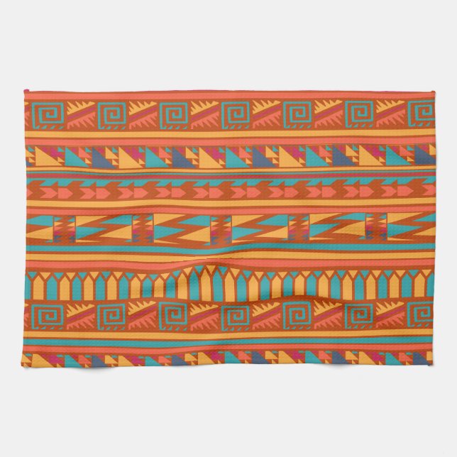 Terracotta Abstract Aztec Tribal Print Pattern Tea Towel (Horizontal)