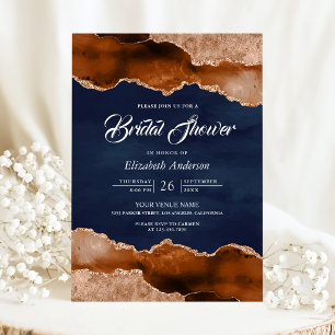 Terracotta Agate Marble Navy Blue Bridal Shower Invitation