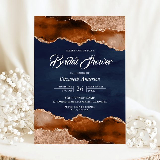 Terracotta Agate Marble Navy Blue Bridal Shower Invitation (Creator Uploaded)