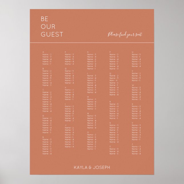 Terracotta Alphabetical Wedding Seating Chart (Front)