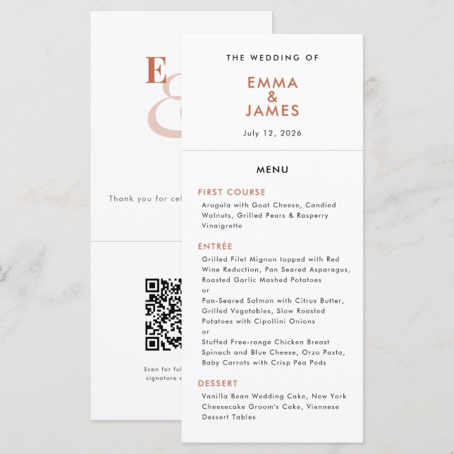 Terracotta Ampersand Wedding | QR Code | Elegant Menu (Front/Back)
